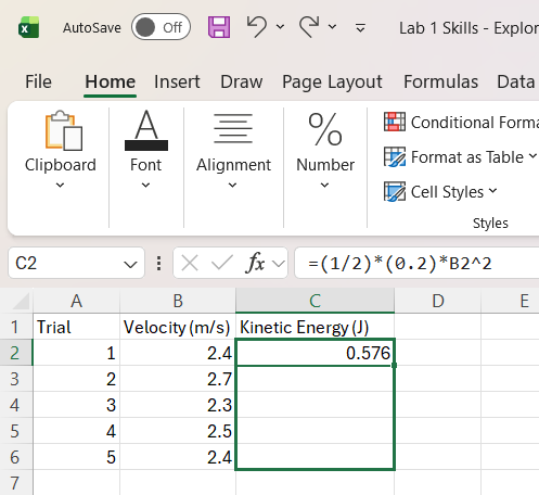 Excel spreadsheet showing the computed result in C2 and cells C3 through C6 selected with the fill handle outline, ready to apply the formula.