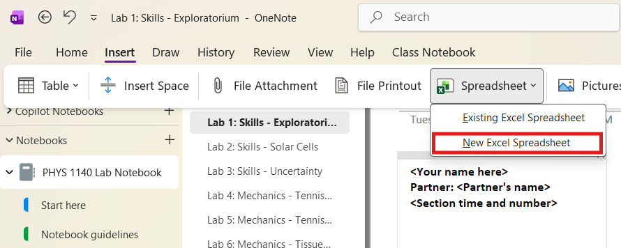 OneNote ribbon with the Insert tab selected and the Spreadsheet dropdown open, showing the New Excel Spreadsheet option highlighted with a red box.