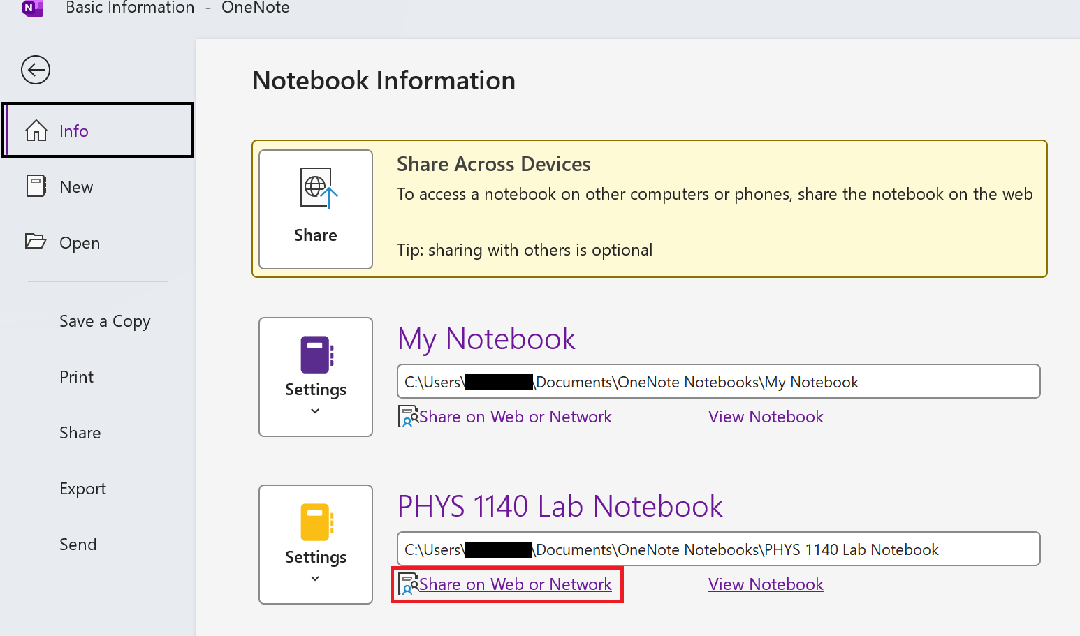 OneNote File Info page showing Notebook Information with two notebooks listed. Each has a Settings button and Share on Web or Network link.