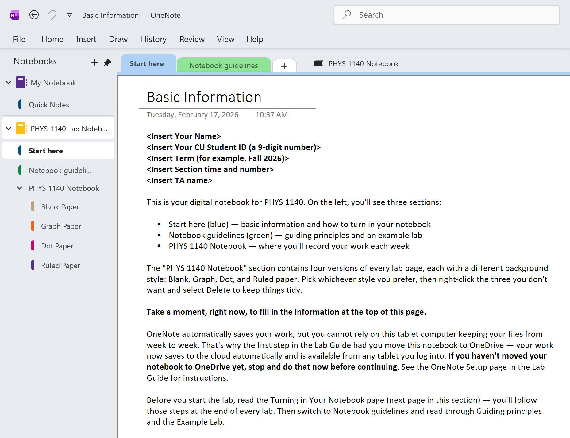 OneNote window showing the PHYS 1140 Notebook with the Start here tab selected and the Basic Information page displayed. The left sidebar shows the notebook sections.