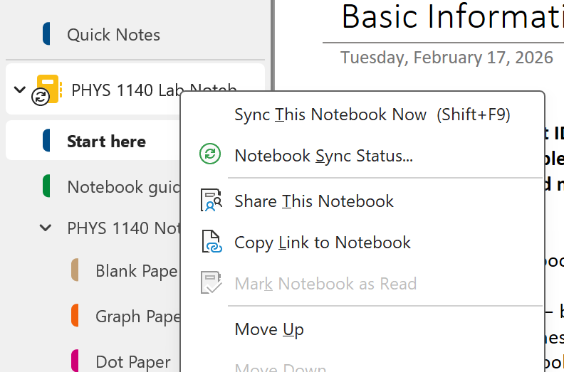 Right-click context menu on the notebook name showing options including Sync This Notebook Now, Notebook Sync Status, Share This Notebook, and others.
