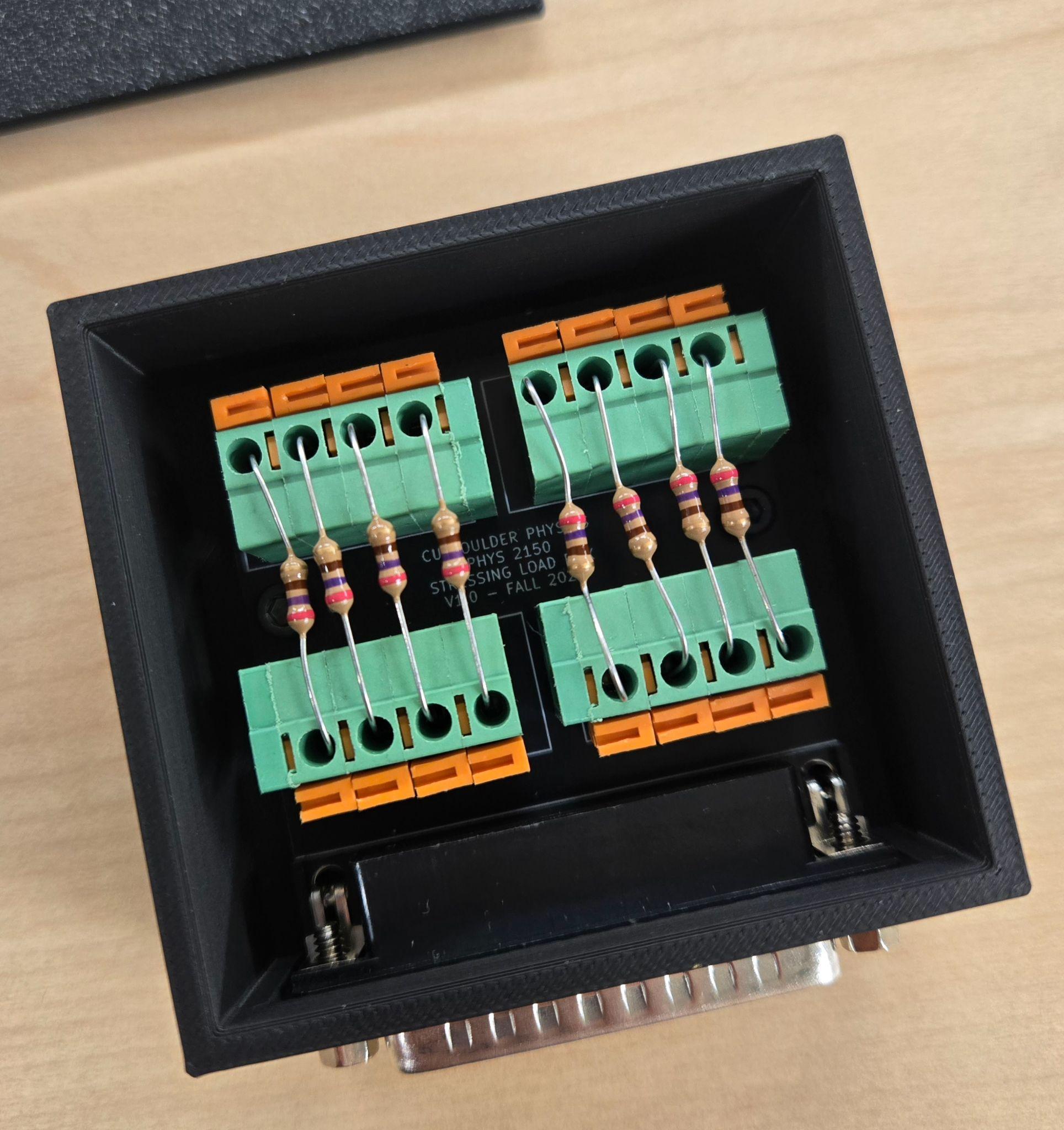 Interior view of the load resistor box showing the 270 ohm resistors wired across each pixel