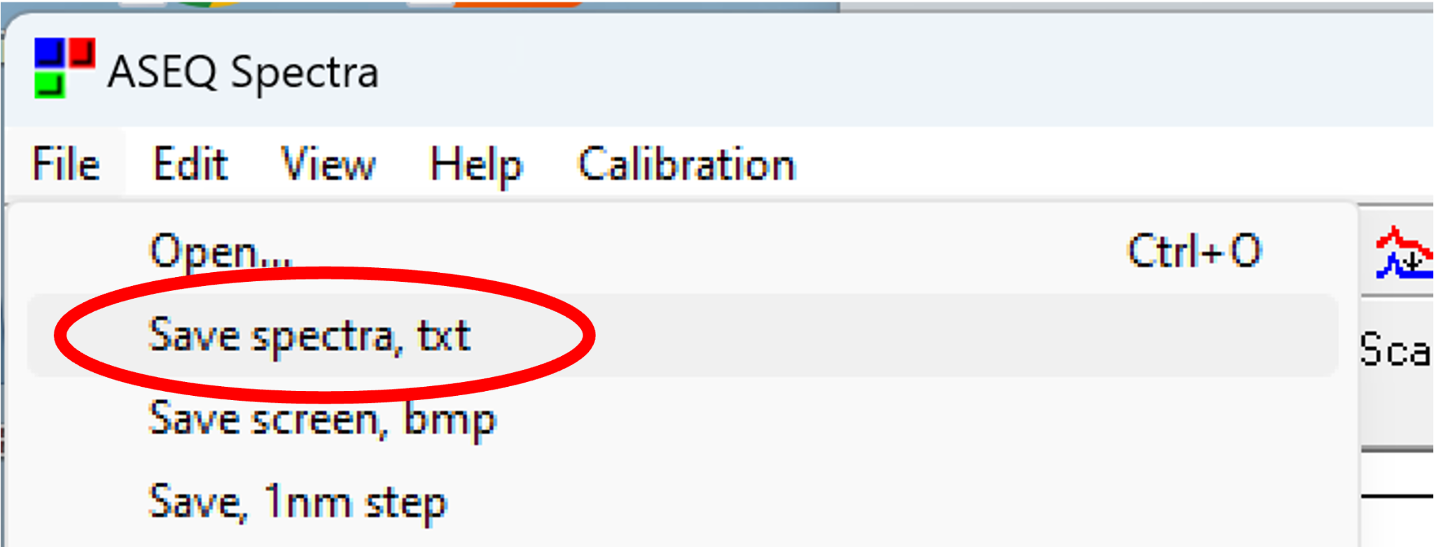 ASEQ File menu showing the Save spectra txt option