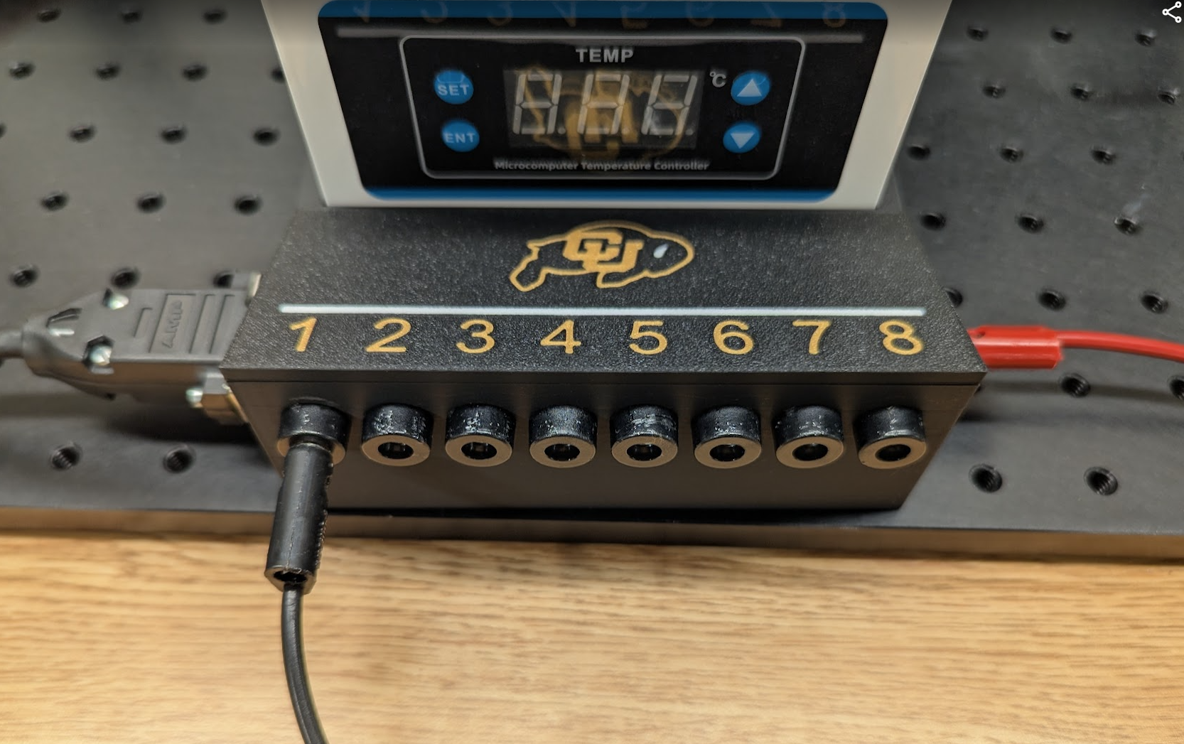 EQE breakout box showing the starting configuration for black and red banana plug leads