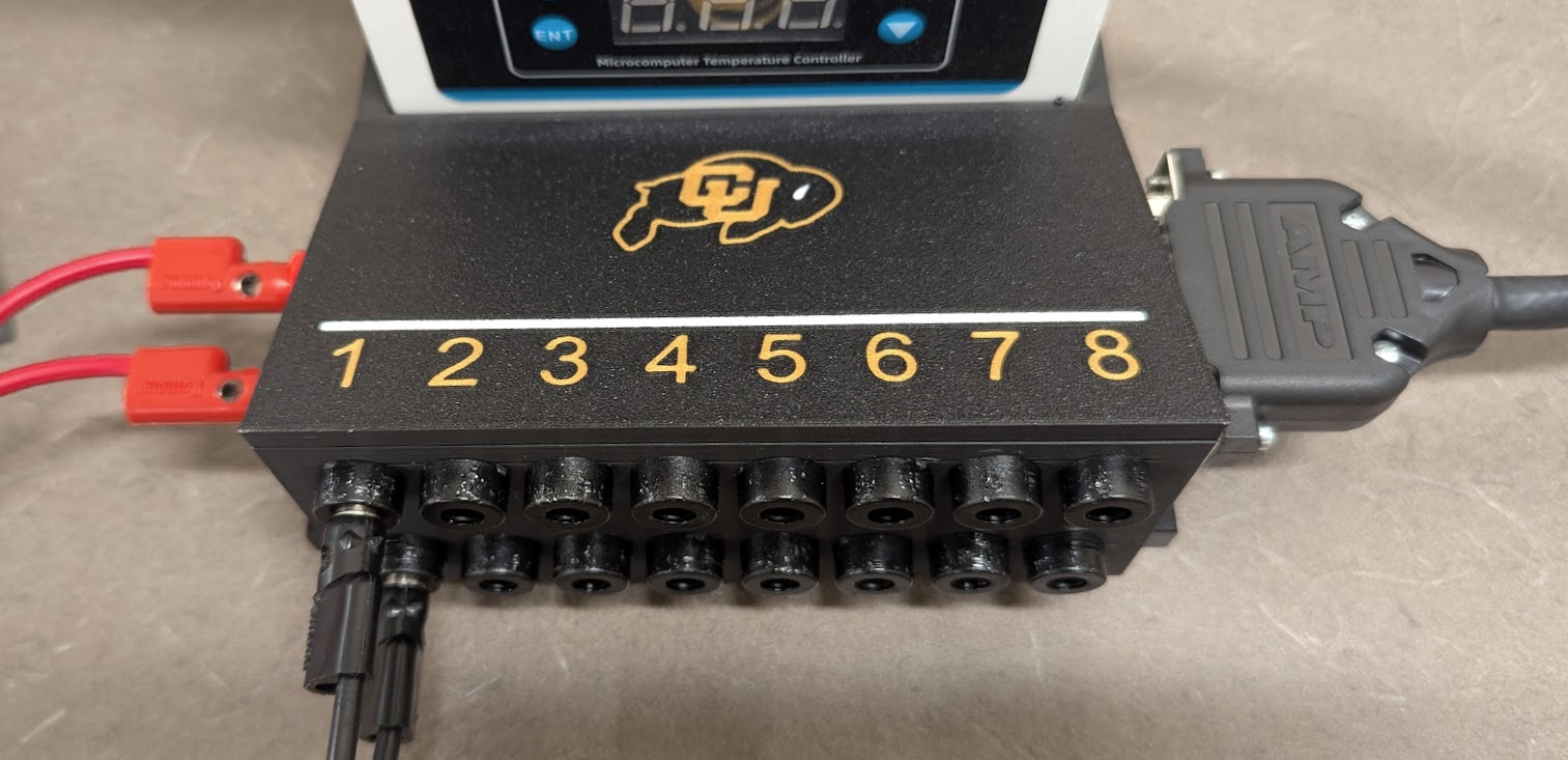 J-V breakout box showing the starting configuration for black and red banana plug leads