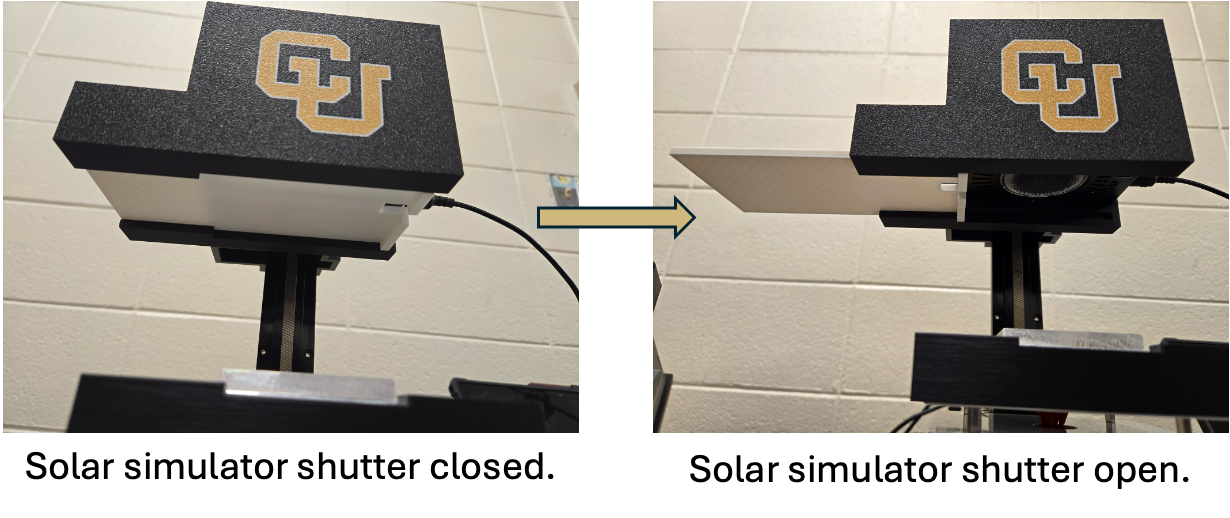 Solar simulator with the shutter fully open, showing the light path to the sample stage