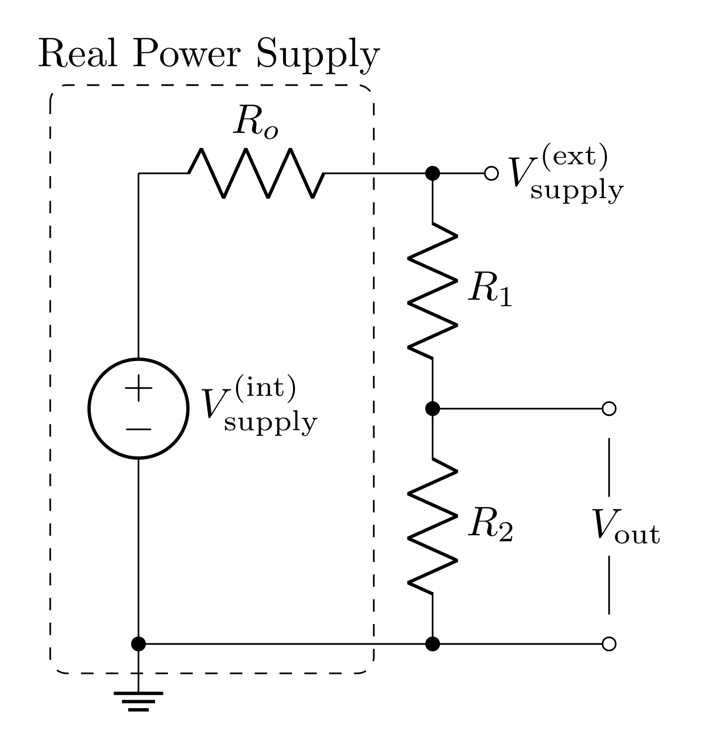 A real power source has an output impedance R_o that can impact a voltage divider circuit