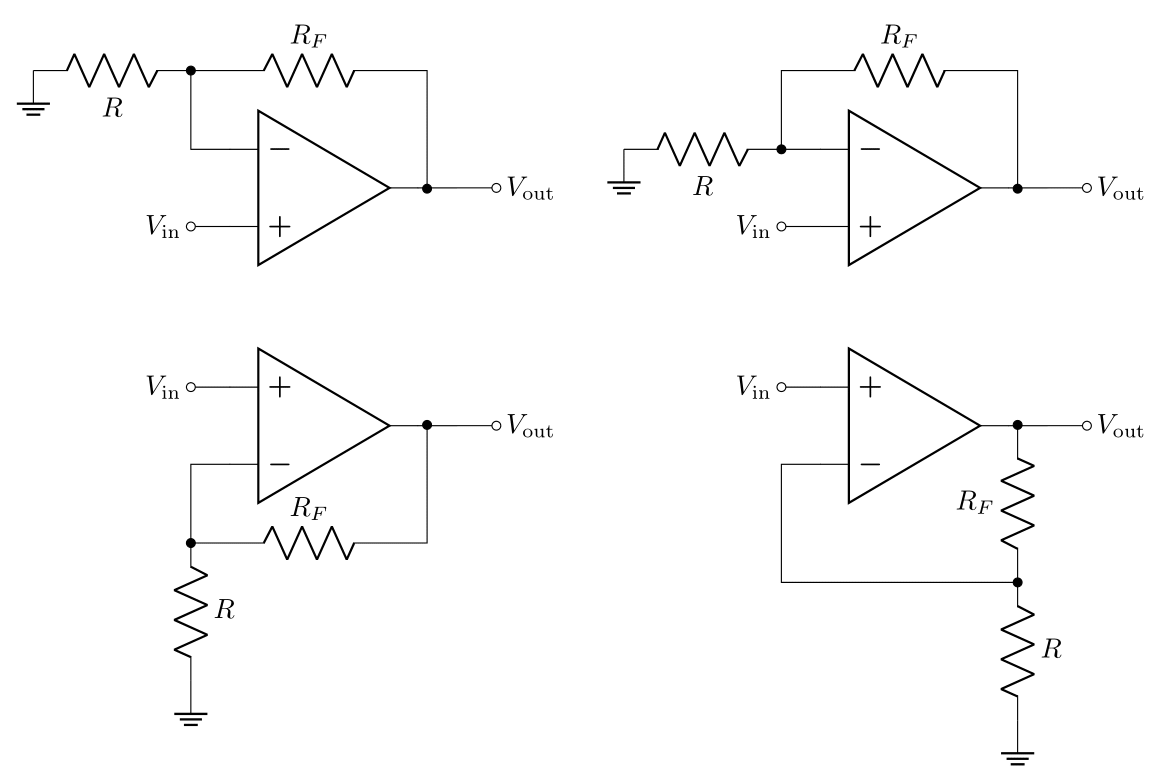 Non-inverting amplifier diagram variations (all of these are the exact same circuit). Note that all of these have feedback to the negative pin.