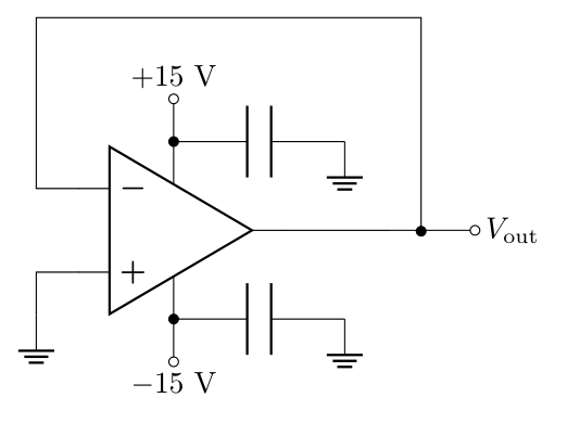 The test circuit is voltage buffer (follower) with a grounded input.