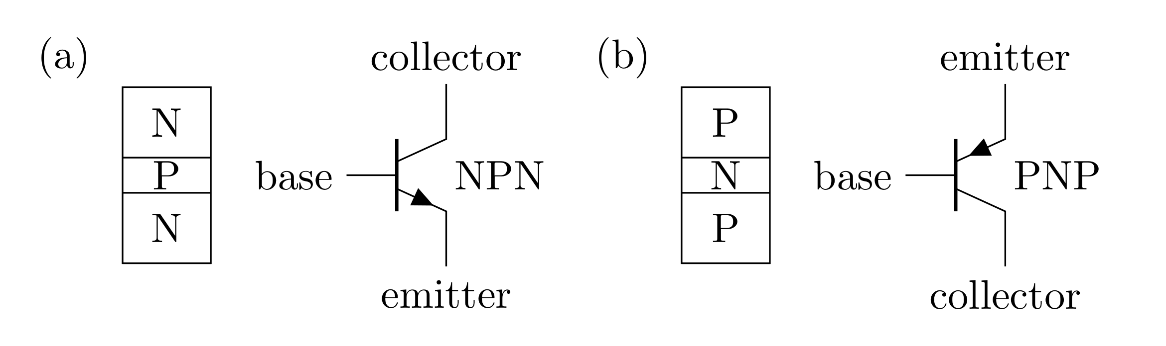 There are two types of BJTs: NPNs and PNPs. Note these diagrams do not represent the physical shape of the BJTs