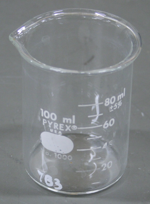 100 mL glass beaker marked in 10 mL increments from 20 to 80 to within 5 percent.