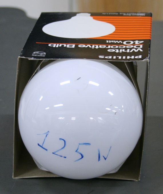 Grapefruit-sized incandescent frosted bulb prominently marked 125 watts.
