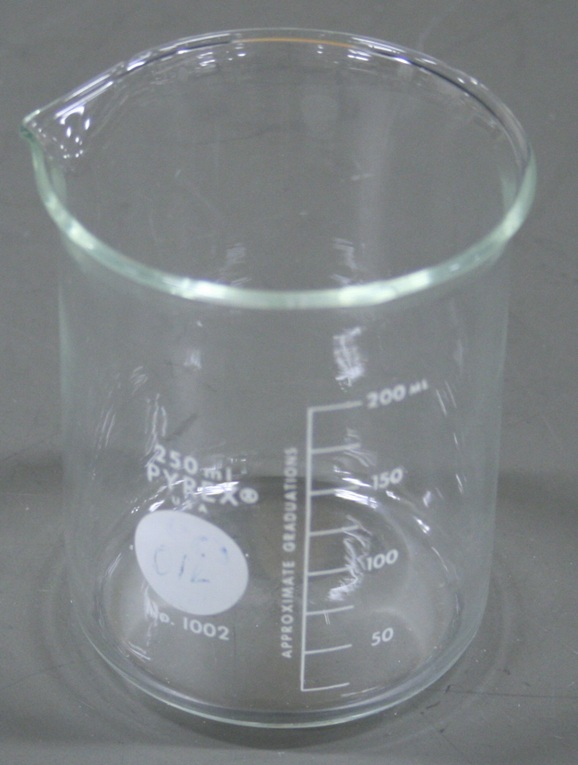 250 mL glass beaker marked at 25 mL increments up to 200 mL.