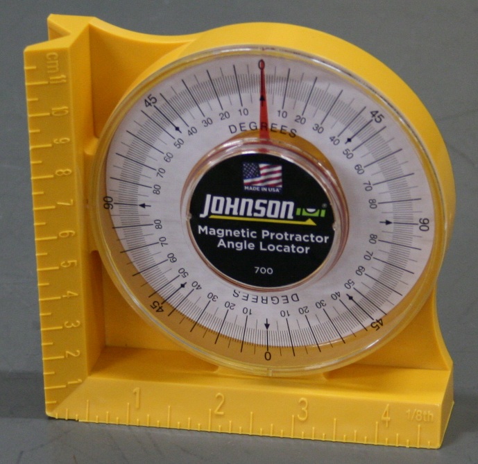 360 degree magnetic protractor angle locator in a plastic 90 degree mount.  Raised markings measure to 4.75 inches in eighth inch increments horizontally, and to 12 centimeters in half-cm increments vertically.