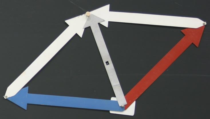 Five magnetic arrows on a blackboard arranged tip-to-tail in a closed polygon: three white arrows, one blue arrow (bottom left), and one red arrow (right side)
