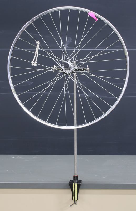 Bicycle wheel rim (no tire) with silver spokes mounted vertically on a rod via the axle, with a pink flag marker on one spoke near the top and a bench clamp at the base