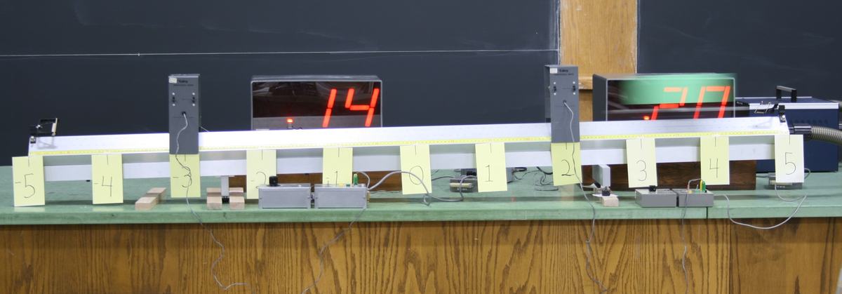 Same air track setup with digital displays reading 14 ms (left photogate) and .20 (right photogate), showing different transit times at each gate