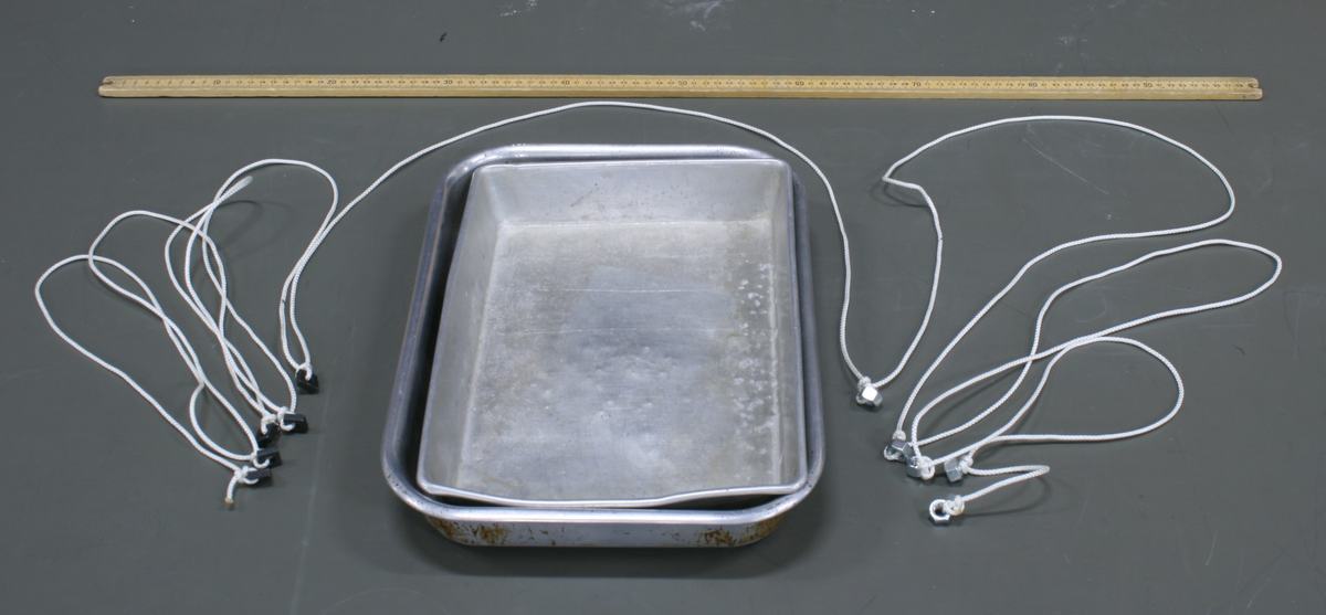 Metal baking pan centered on a table with two strings of nuts laid out on either side — shorter equally-spaced string on the left, longer quadratically-spaced string on the right — with a wooden meter stick above