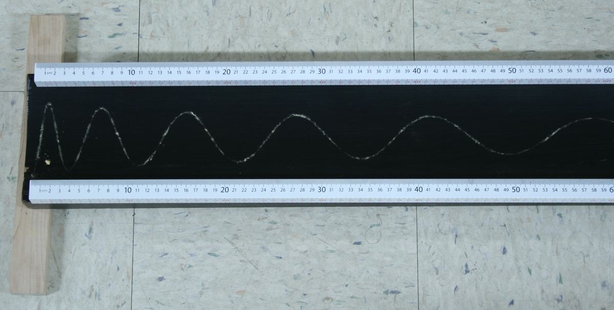 Black wooden trough with a sinusoidal white powder trace whose wavelength increases from left to right, flanked by two meter sticks, with a wooden block elevating the left end