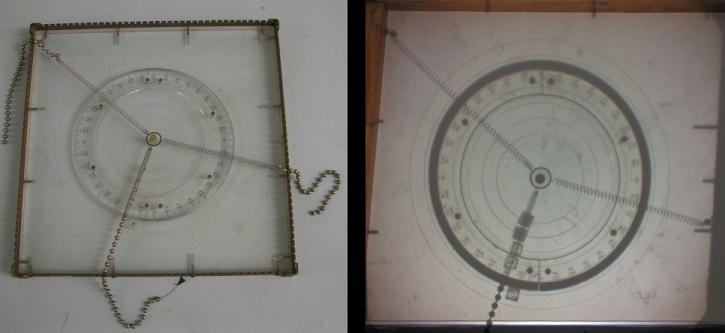 Transparent projection force table with ball chains attached to central ring at various angles, shown both directly (left) and projected on screen (right)