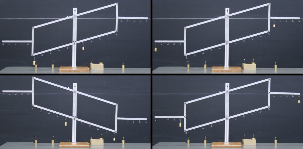 Four views of Roberval balance: top two show tabletop configurations with brass weights at different positions; bottom two show balance suspended from a horizontal wire, tilting under asymmetric loading