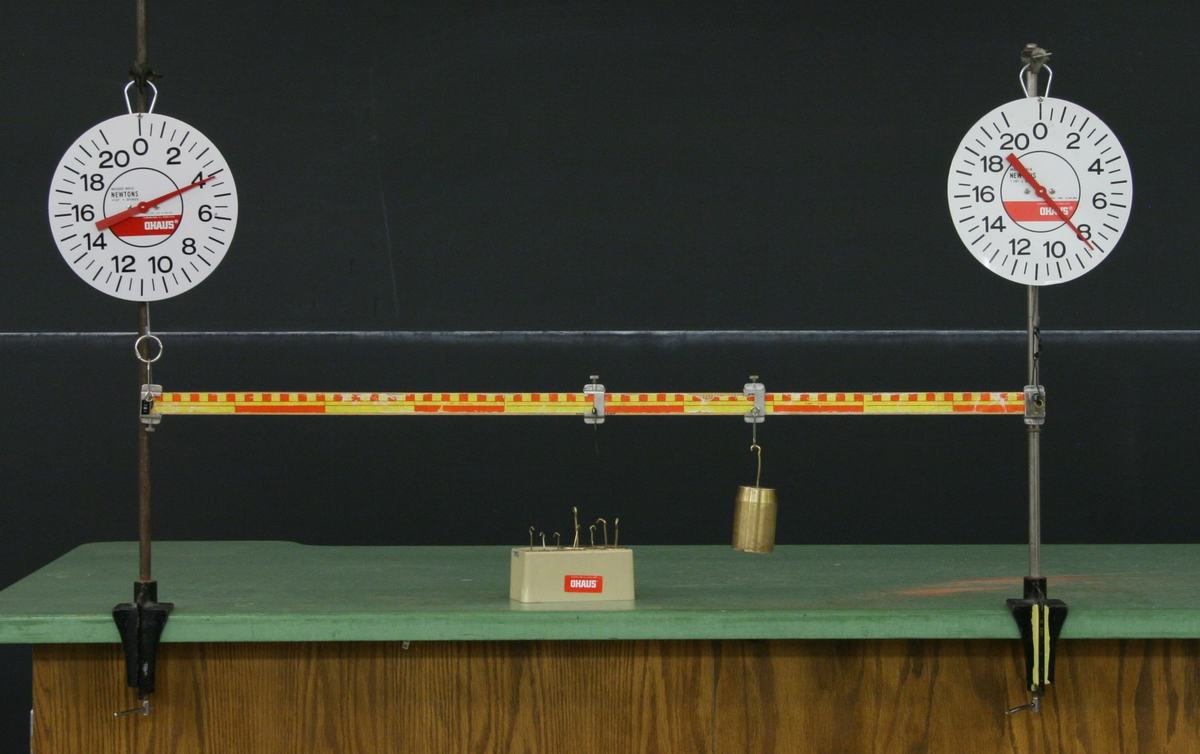 Red-and-yellow meter stick supported horizontally by two large Ohaus 20N dial spring scales on vertical rods, with a brass mass hanging off-center from the stick. An Ohaus mass set sits on the green table below.