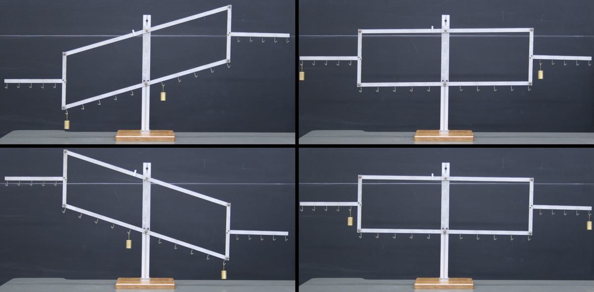 Four configurations of white Roberval balance with parallelogram linkage on wooden base, showing brass weights hung at various positions along the horizontal bars and outer arms