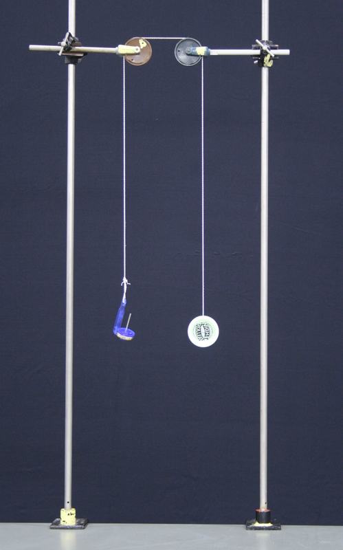 Two bench clamp stands with pulleys on a horizontal rod; a blue yo-yo hangs on the left and a white counterweight on mass hanger hangs on the right, connected by string over the pulleys