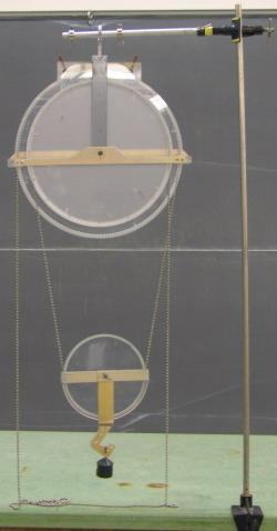 Differential chain hoist with two large transparent sheaves on a wooden crossbar (upper block), ball chain connecting to a smaller transparent lower block with a mass attached, mounted on a bench clamp stand
