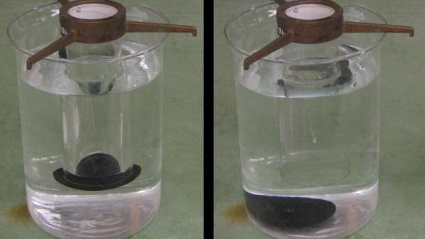 Side-by-side photos of the buoyancy apparatus in a beaker of water. Left: rubber plate held against the bottom of the hollow cylinder with the cylinder empty. Right: plate has fallen to the bottom of the beaker after filling the cylinder with water.