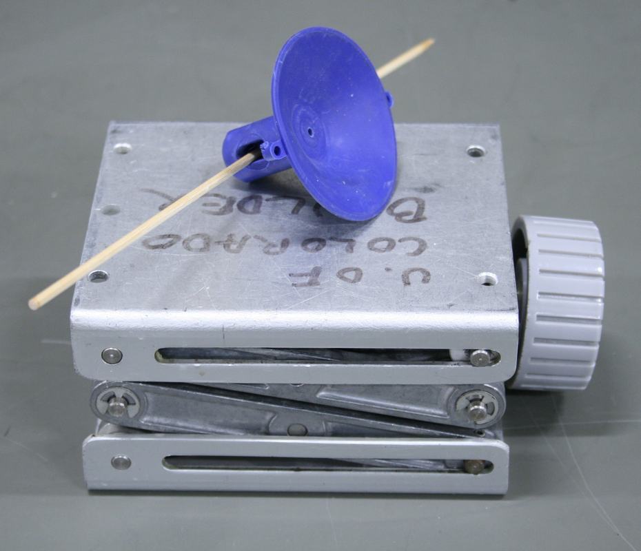 Blue suction cup with bamboo skewer through the handle, sitting on a silver lab jack