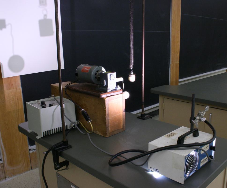 Side view in lecture hall showing motor on wooden block with ball, spring-mass system, and fiber optic lamp on lecture bench
