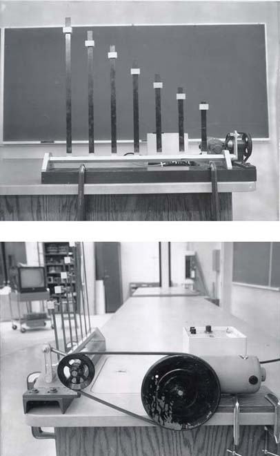 Two black-and-white photos: top shows the leaf springs apparatus clamped to a lecture bench edge in front of a blackboard; bottom shows the Ratiotrol motor with belt drive and pulley system
