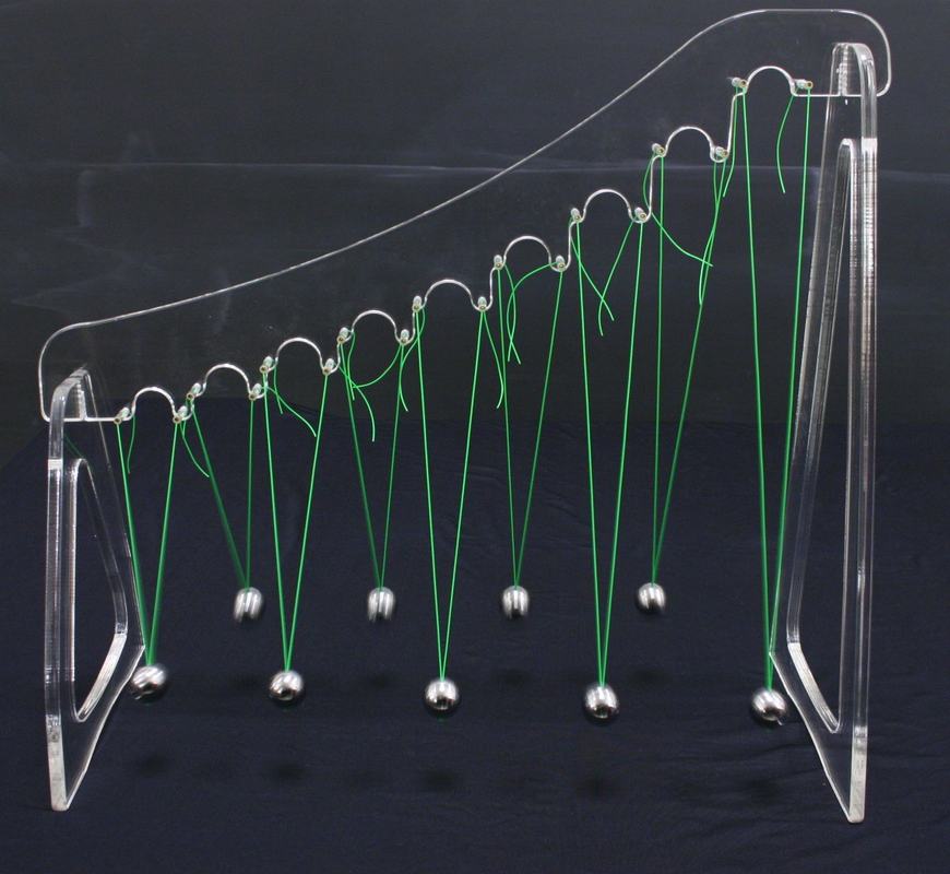 Tabletop pendulum wave apparatus with clear acrylic frame and green strings suspending steel ball bobs at progressively increasing lengths
