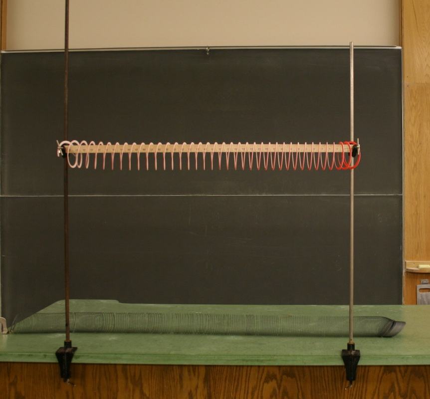 Plastic Slinky threaded on a meter stick between two bench clamp stands at eye level, in front of a chalkboard