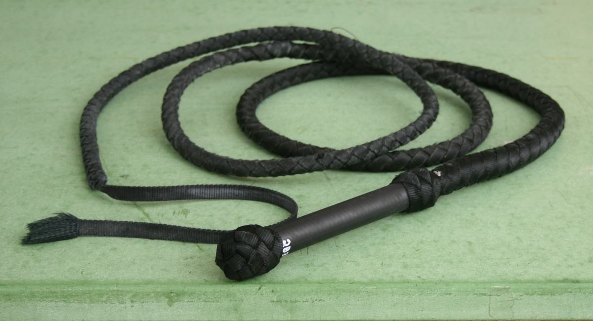 Black braided leather bullwhip coiled on green surface, with cylindrical handle and braided knot, tapering from thick braid to flat ribbon at the tip