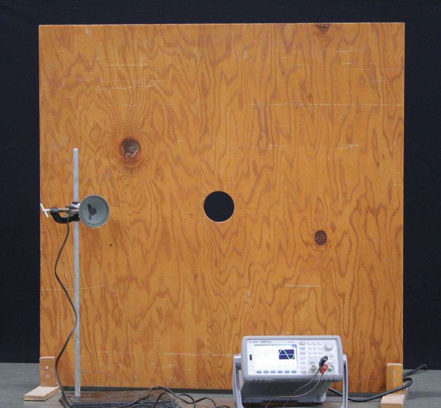 Large plywood baffle board with circular hole in center; small speaker on ring stand at left, function generator on bench below