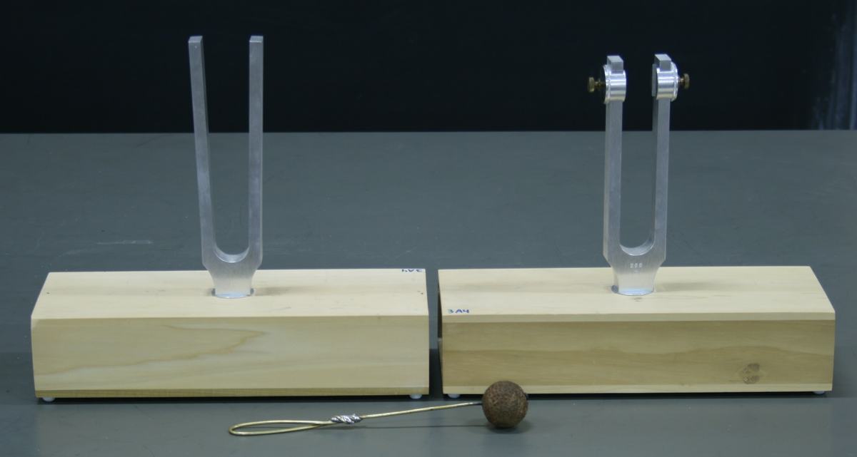 Two matched tuning forks mounted on wooden resonance boxes; the right fork has adjustable slider weights on its prongs. A rubber mallet sits in front.