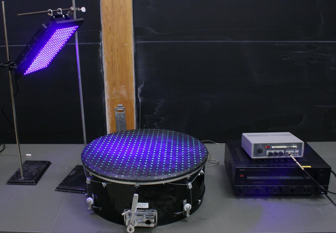 Full setup: drum shell with fluorescent rubber membrane under UV panel light, with signal generator and amplifier on the right