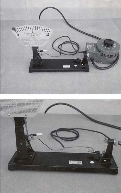 Hot wire apparatus with fan-shaped scale (0-10), nichrome wire stretched across a black metal base, and variac power supply. Two views show the pointer mechanism and wire mounting.