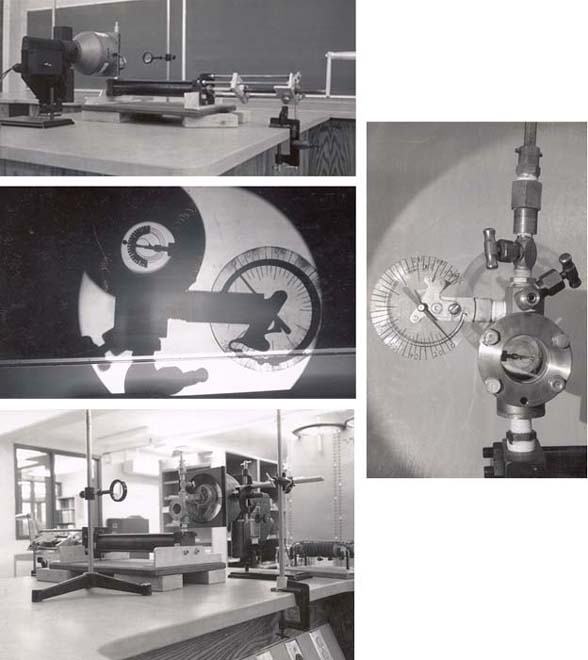 Composite of four photos: top-left shows the PVT demonstrator with fiber optic lamp and projection lens on a demo bench; middle-left shows the projected image of the pressure gauge and bimetallic thermometer on a screen; bottom-left shows a closer view of the piston-cylinder apparatus with crank handle; right shows a detail of the pressure chamber with gauge and valves