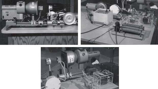 Three views of the critical point apparatus: optical bench with arc lamp and condensing lenses (top left), boiler with pump motor and Ratiotrol control box (top right), and complete setup showing mirror, projection lens, Freon cell, and fluid circulation system (bottom)