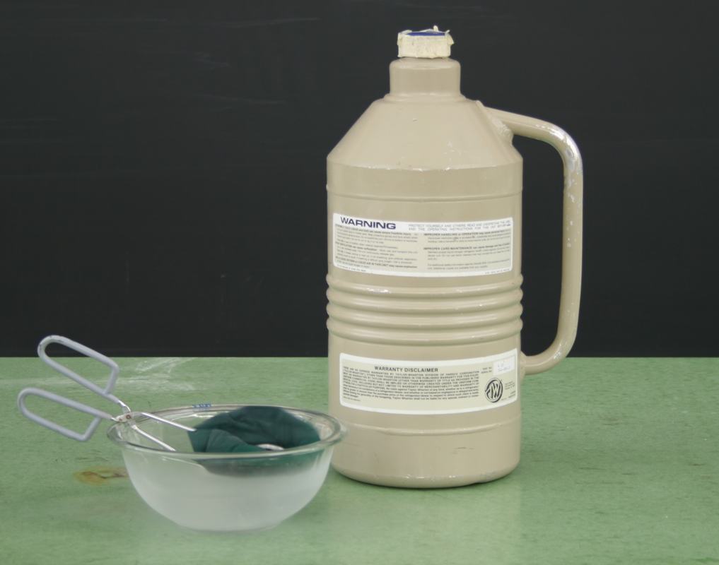 Collapsed dark green balloon submerged in glass bowl with tongs, next to the liquid nitrogen dewar