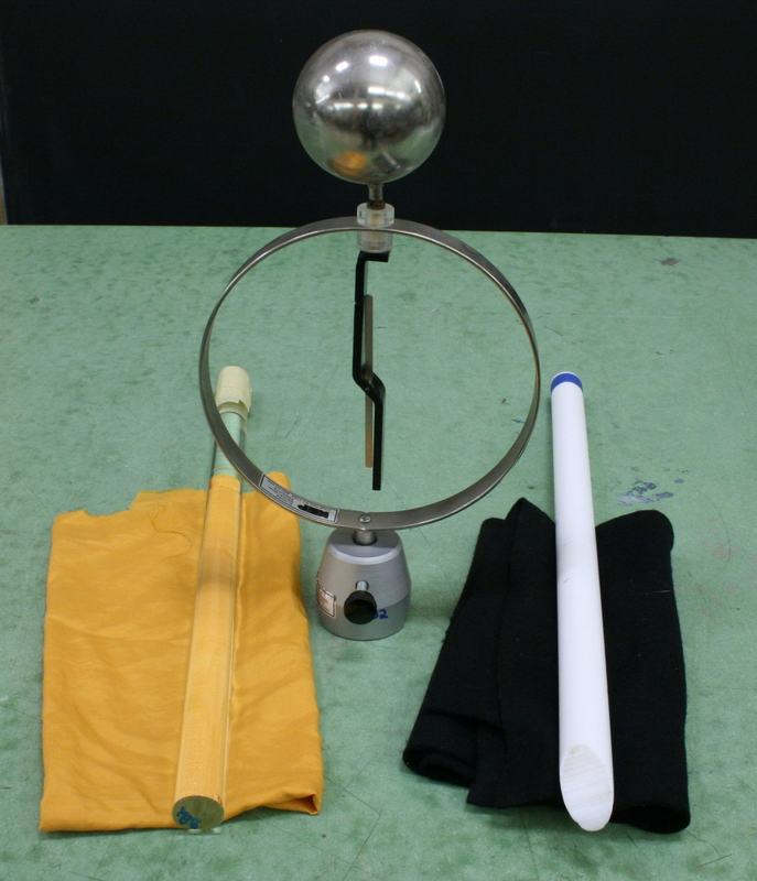 Needle electroscope with metal sphere and pointer inside a circular ring, flanked by a clear rod on yellow silk cloth (left) and a white rod on black felt cloth (right)