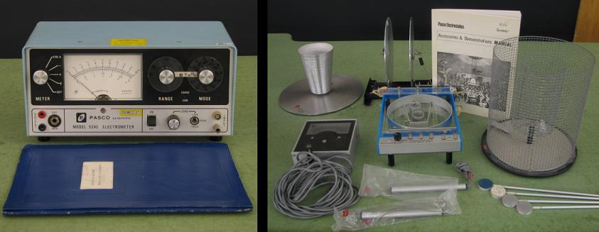 Left: Pasco Model 524C Electrometer (light blue case, two analog meters) with blue padded carrying case. Right: accessories including Faraday ice pail, projection meter, cables, charge probes, wire mesh Faraday cage, and manual.