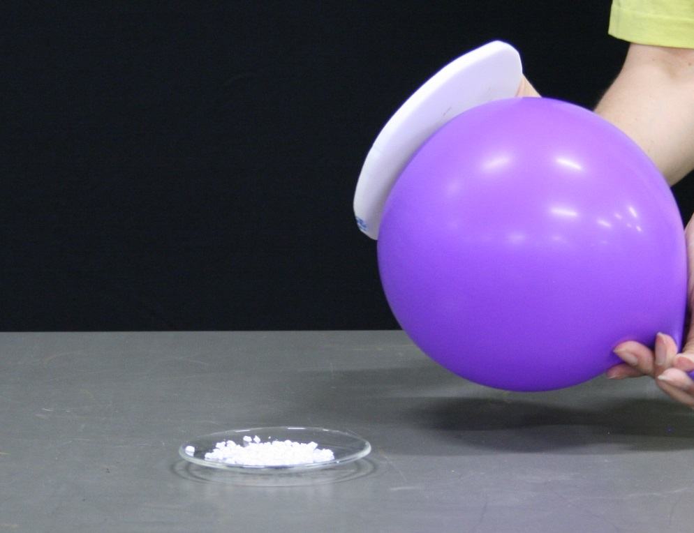 Purple balloon being rubbed with white Teflon disk to charge it positively; watch glass with foam confetti below
