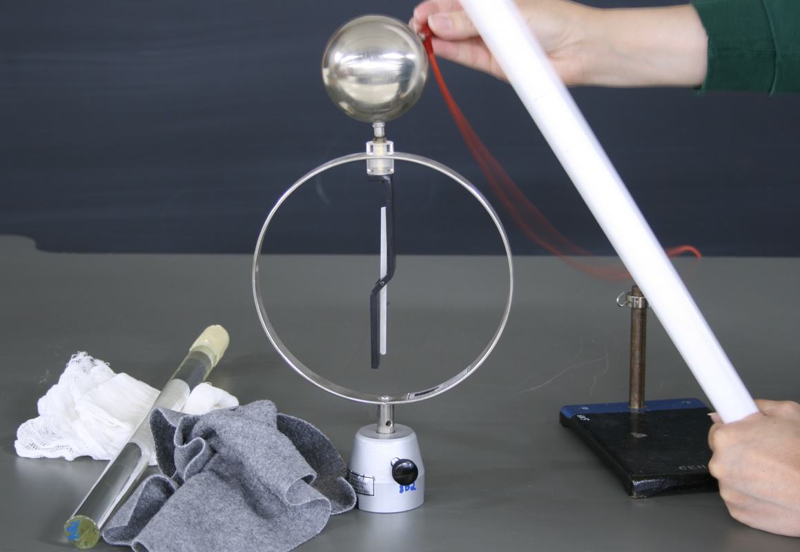 Hand touching red grounding wire to the electroscope sphere while white Teflon rod remains nearby; needle shows reduced deflection