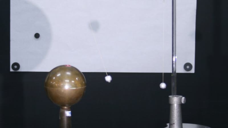 Copper sphere on stand positioned close to a pith ball stand with two silvered pith balls on silk threads suspended from an L-shaped rod; white paper magnetically attached to blackboard behind for shadow projection, with sphere shadow visible
