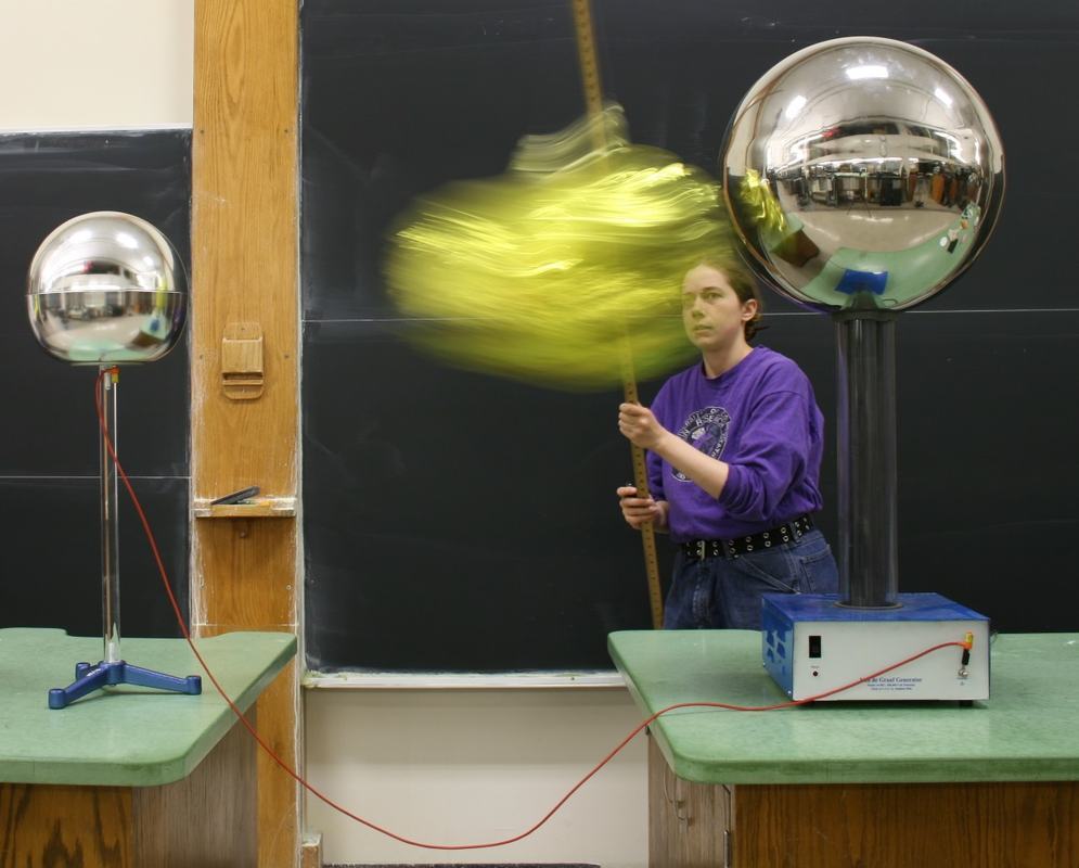 Person holding a two-meter stick with gold Mylar balloon on a string, motion-blurred as it swings between a smaller grounded sphere on a stand (left) and the larger Van de Graaff generator sphere (right)