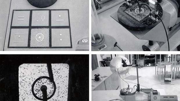Four-panel image: top-left shows six glass field mapping slides with aluminum foil electrode configurations and the slide holder; top-right shows the slide holder mounted on the projector stage with clip leads; bottom-left shows a projected field pattern with Epsom salt crystals aligned between a point and ring electrode; bottom-right shows the full apparatus including Van de Graaff generator, arc lamp, and optical bench